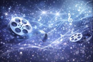 青と銀の光の中にフィルムリールと音符が浮かぶ、制作スタッフと音楽を象徴した幻想的なビジュアル
