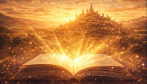 黄金色に輝く城塞都市と、開かれた本から光が広がる原作と物語の未来を象徴する情景

