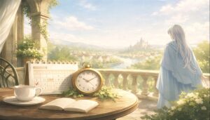 穏やかなテラスのテーブルに置かれたカレンダーと時計。異世界の街並みを背景に、放送・配信スケジュールを象徴する情景。
