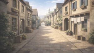 ヨーロッパ風の街路を進む石畳の一本道。静かな日常の中で物語が続いていく情景。
