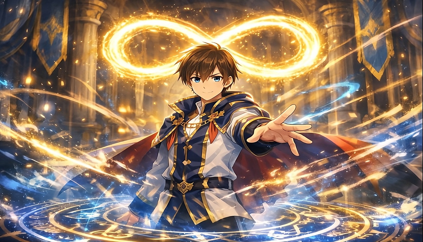 無限の魔力を宿す貴族の少年が覚醒する瞬間を描いたイメージ