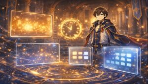 王宮で魔法の光のパネルを前に立つ少年貴族。放送や配信を象徴する幻想的な情景
