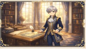 少年貴族が書斎で地図と書類を前に立つ、金装飾フレーム付きの王宮風イラスト

