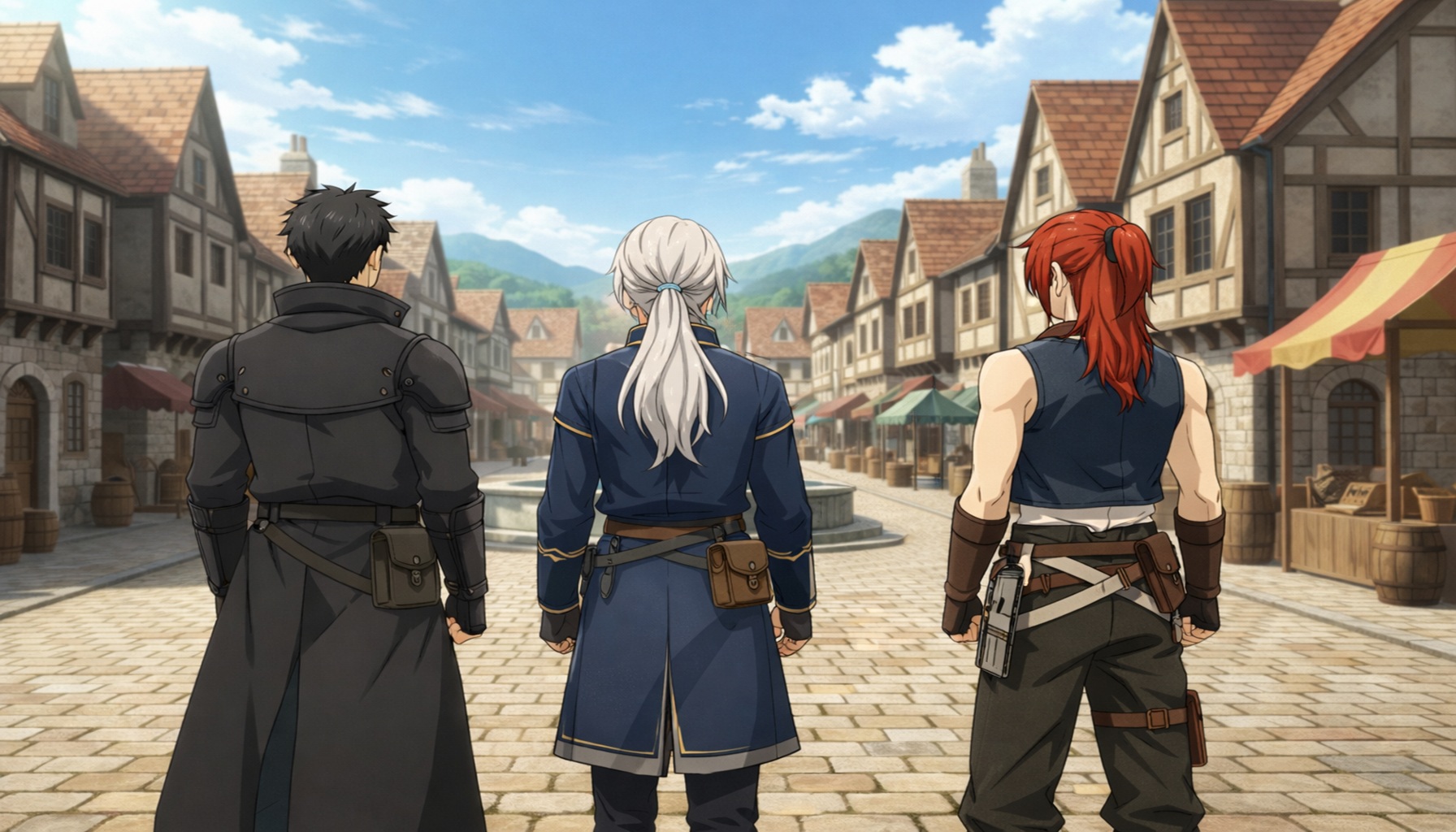 銀髪の上品な青年を中心に、黒装束と赤髪の仲間が石畳の街を見つめる後ろ姿