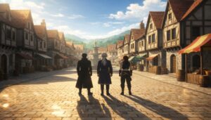 夕暮れの石畳の街で並び立つ3人組と、長く伸びる影のシーン