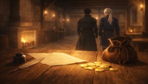 宿の木のテーブルに金貨と契約書が置かれ、奥に2人の後ろ姿が見える場面