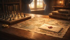 チェス盤と地図、赤い蝋印の封筒が置かれた書斎の机の風景