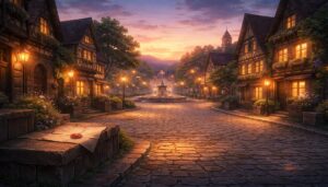 夕暮れの石畳の街に灯りがともり始める静かな広場の風景