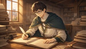 木造の王宮経理課で帳簿を記帳するメガネの青年のイラスト