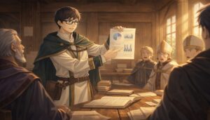 木造の会議室で資料を示しながら説明するメガネの青年のイラスト