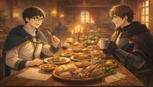 王宮の食堂で向かい合い食事をする誠一郎とアレシュのイラスト