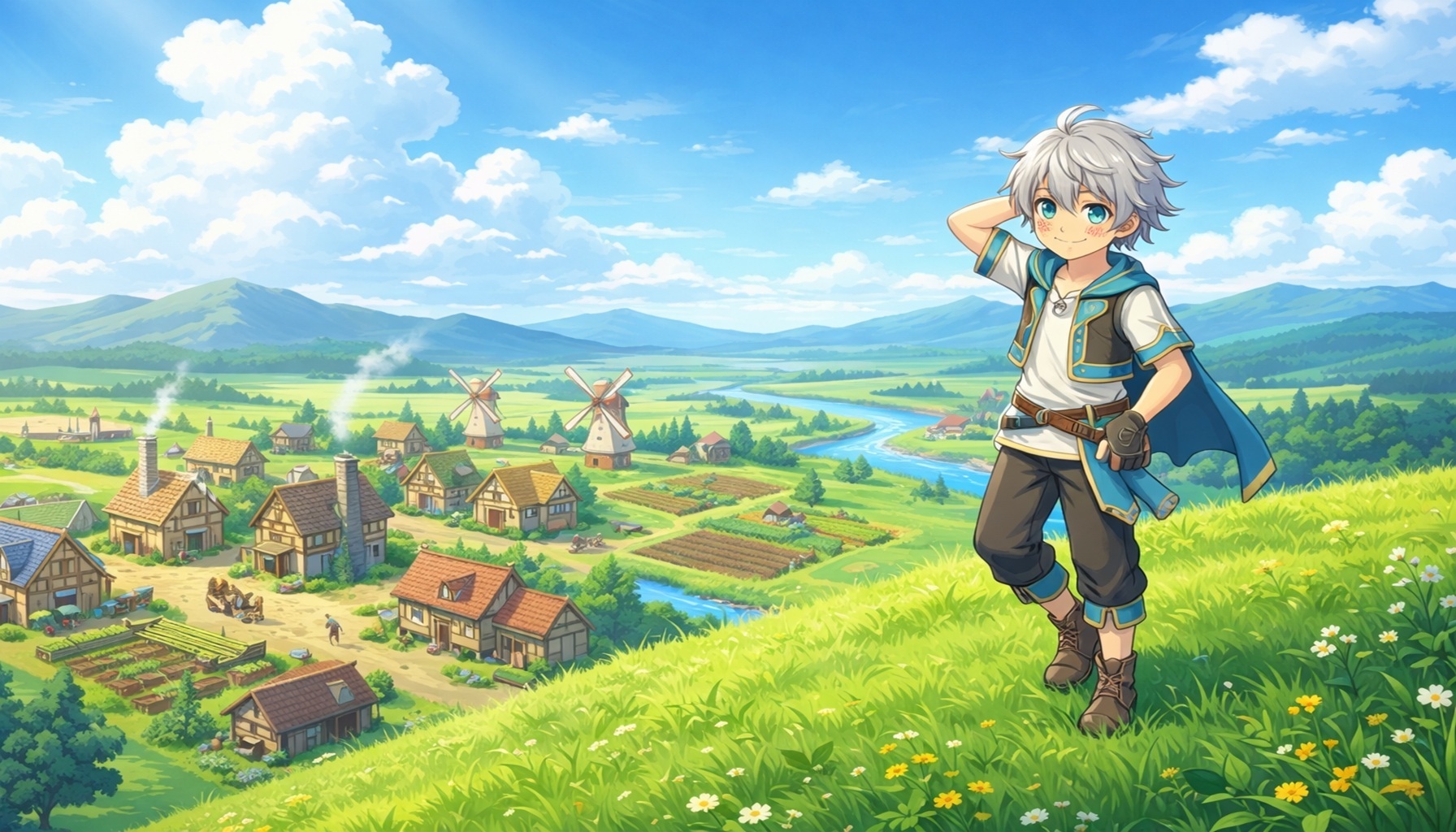 銀髪の少年が草原の丘に立ち、発展する村と川を見下ろす異世界ファンタジー風景