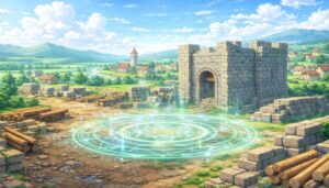 生産系魔術で石の防壁を築く工事現場と魔法陣を描いた異世界領地運営の風景
