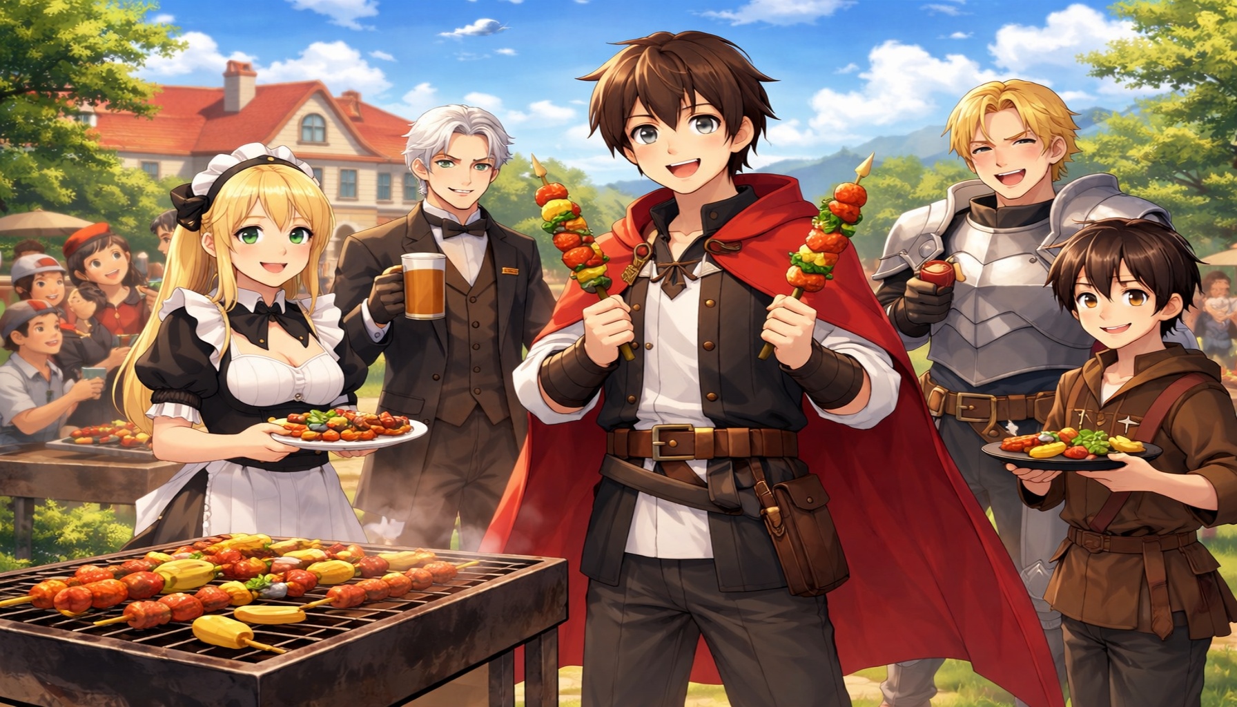 お気楽領主 ヴァンと仲間たちが屋敷前で串焼きを楽しむ様子