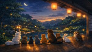 夜の縁側に動物たちが並び、灯りに照らされた庭を静かに見つめる幻想的な風景
