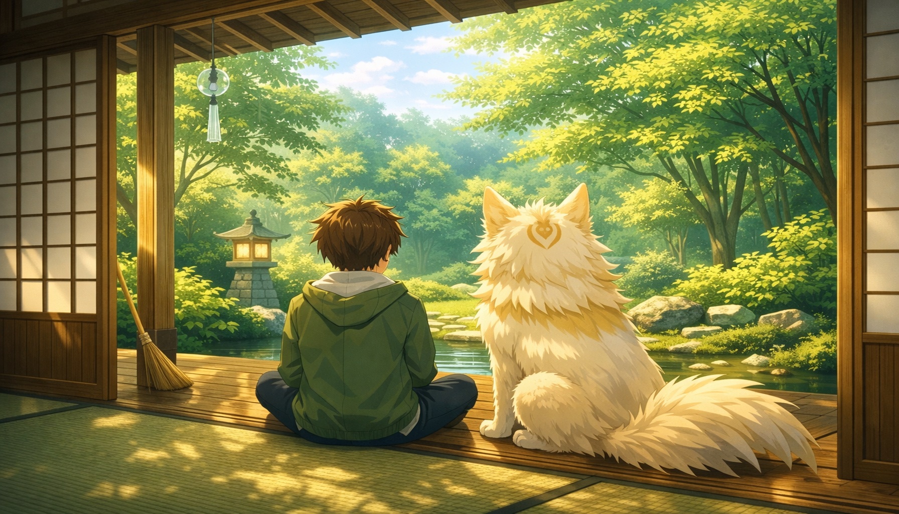 和室の縁側に座る湊と山神様が、光に包まれた庭を見つめる幻想的な風景