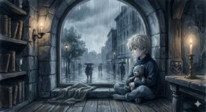 雨の降る石造りの街を窓から眺める銀髪の少年。ぬいぐるみを抱え、ひとりたたずむ孤独な後ろ姿。
