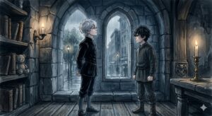 石造りの廊下で向かい合う銀髪の少年と黒髪の少年。ろうそくの灯りが揺れる薄暗い異世界の室内。
