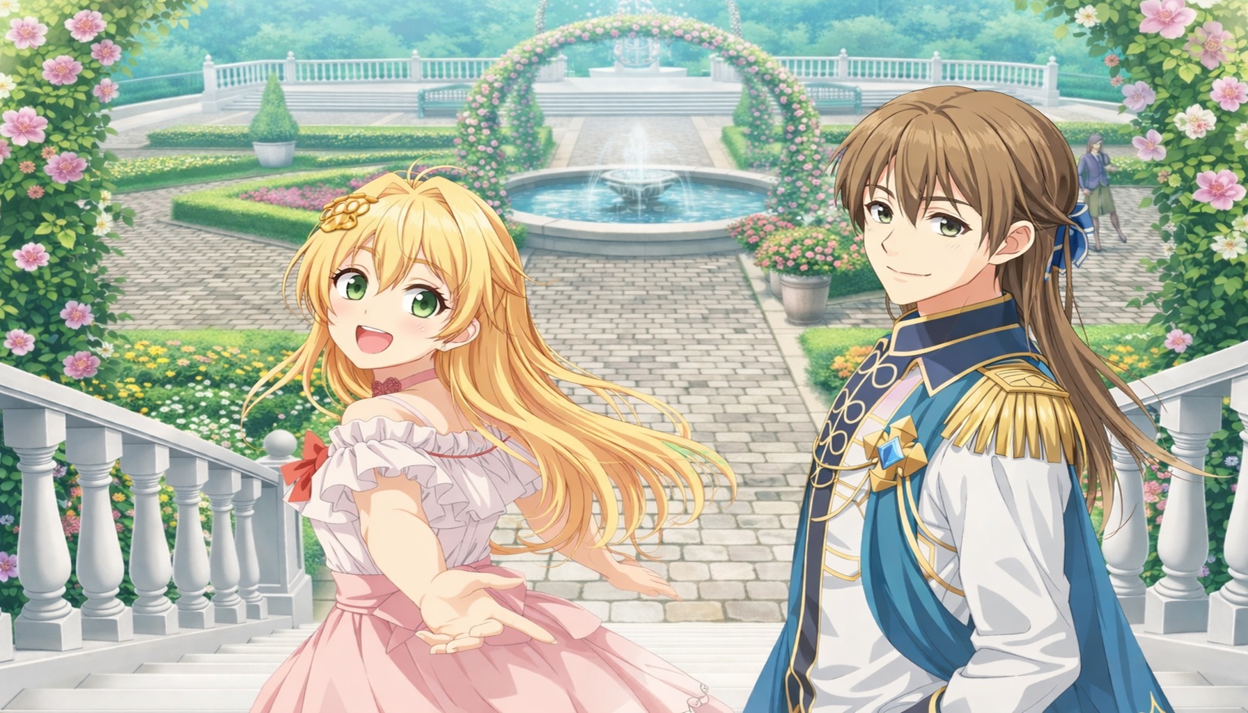 春の王宮庭園で振り向く令嬢と見守る青年の恋愛ファンタジー風タイトル画像