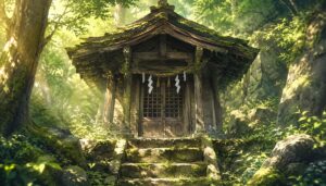 山奥にたたずむ朽ちた小さな祠と、木漏れ日に照らされた静かな森
