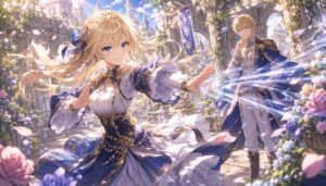 朝の庭園で武道の型を練習するマリーア風イラスト