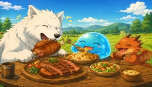 フェルとスイとドラちゃんを囲む多彩な料理が並んだ食卓