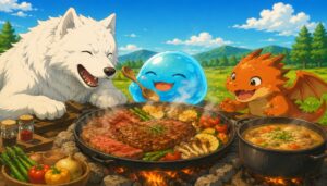 フェルとスイとドラちゃんが熱々の肉料理と鍋を囲む場面