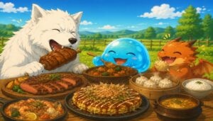 フェルとスイとドラちゃんが青空の下で楽しそうに食事をする場面