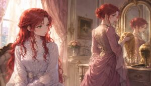 赤毛の令嬢マリーと、金髪のかつらを手にする赤毛の母エルヴィラが向き合う貴族邸のアニメ風イラスト
