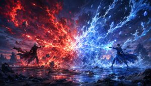 赤い爆炎を操る白髪の青年と青い水魔法を放つ青年が岩場で対峙するファンタジーイラスト