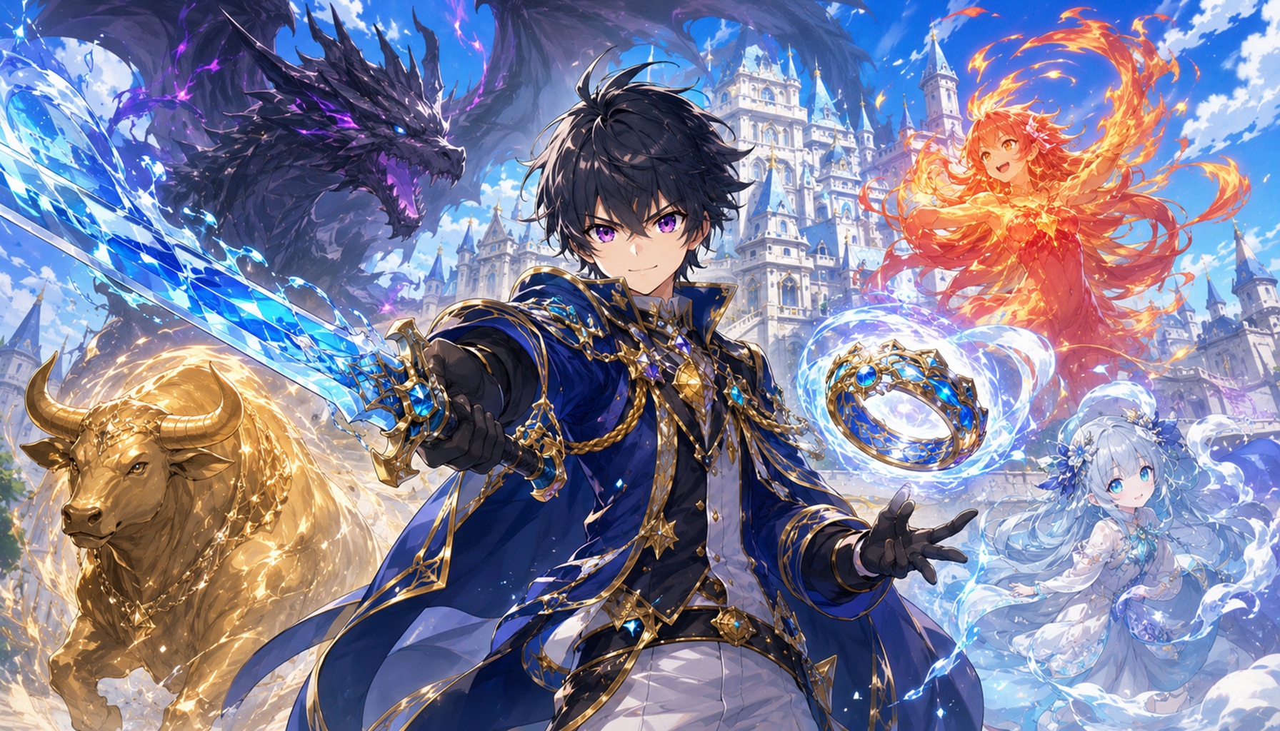 青い衣装の若き貴族を中心に、水の魔剣や魔法の指輪、炎の精霊、黄金の巨牛、黒竜が囲むファンタジー風タイトル画像