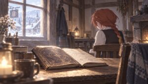 雪深い寒村の宿屋で、魔術教本を見つめる少年時代のルイスを描いたアニメ風イラスト
