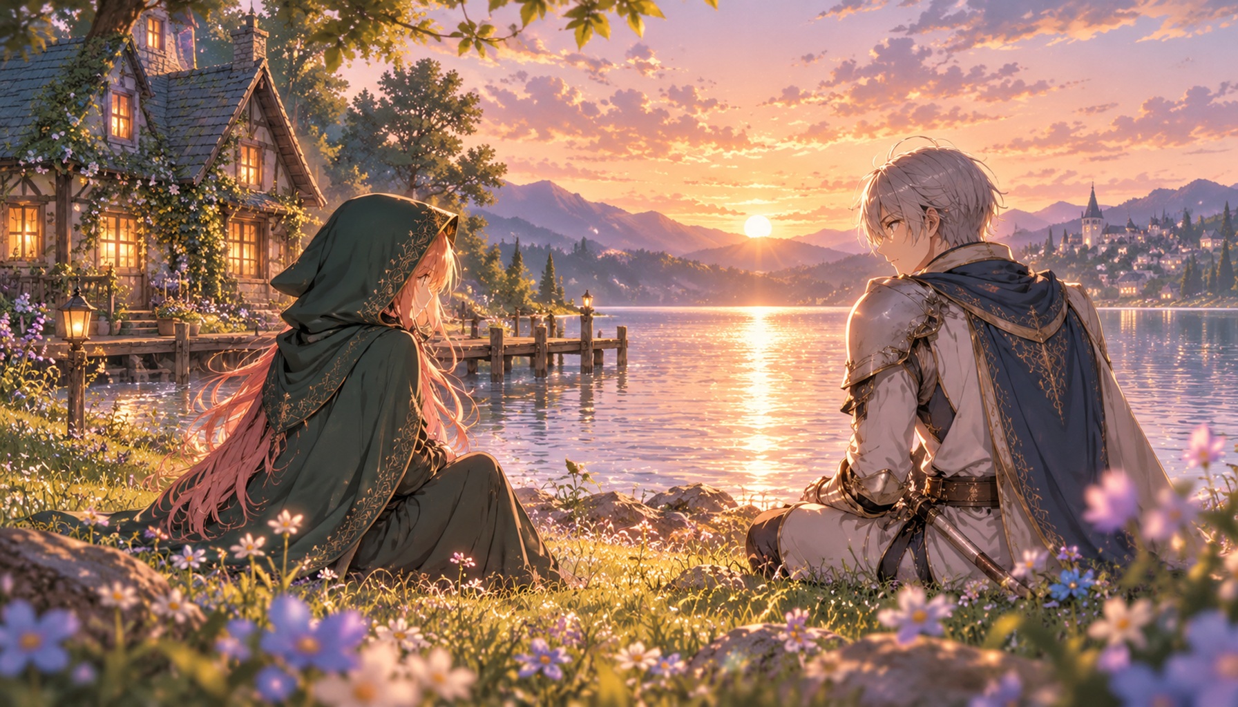 夕焼けに染まる湖と魔女の家を背景に、静かに向かい合う魔女と騎士を描いたファンタジーイラスト
